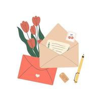 enveloppe ouverte avec lettre manuscrite en papier. tulipes de printemps en cadeau. le concept de félicitations pour la saint valentin. illustration vectorielle plane du courrier isolé sur fond blanc. vecteur