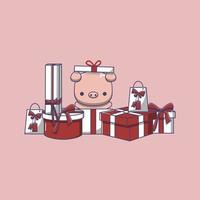 cochon mignon ouvrant des cadeaux de noël, célébration du lendemain de Noël vecteur