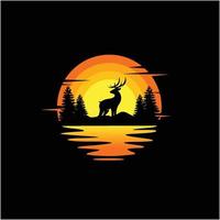 cerf debout silhouette illustration nature coucher de soleil océan vecteur