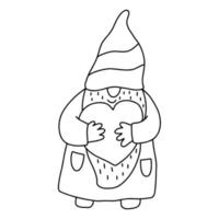 gnome souriant avec un cœur. drôle de personnage. doodle illustration dessinée à la main isolée sur blanc. idéal pour les livres à colorier, les cartes de la Saint-Valentin. vecteur