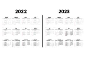calendrier anglais 2022 et 2023 ans. la semaine commence le dimanche. calendrier annuel 2022, modèle 2023. modèle vertical de papeterie dans un design simple et minimal. orientation portrait vecteur