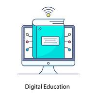 Icône de contour plat conceptuel de l'éducation numérique, panneau de mortier à l'intérieur du moniteur vecteur