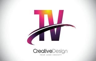 tv tv logo de lettre violette avec un design swoosh. logo vectoriel créatif magenta lettres modernes.