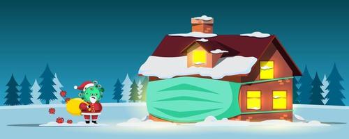 la scène d'une maison avec masque facial dans une pinède neige et santa virus.