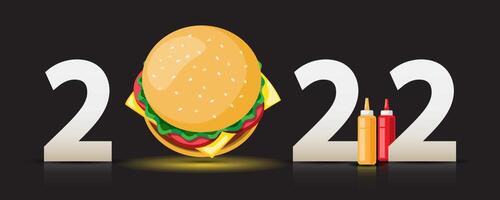 bonne année 2022 avec une bouteille de hamburger et de sauce de couleur rouge et jaune. vecteur