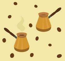 ibrik isolé, cezve. pot avec un long manche pour préparer du café turc. pot en métal confortable pour faire du café, réchauffer de l'eau. ibrik vide et ibrik avec café chaud. grains de café. illustration vectorielle plane vecteur