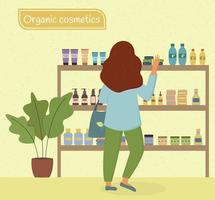 une jeune femme dans un magasin de cosmétiques bio se tient devant une étagère avec un sac à la main. vue arrière. shopping dans l'éco boutique de soins et cosmétiques déco. illustration vectorielle plane vecteur