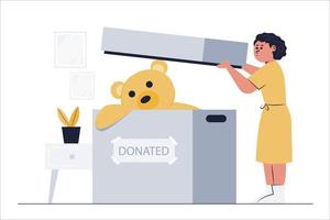 une femme de ménage récupère un gros ours en peluche et l'envoie à la pépinière pour des dons. vecteur
