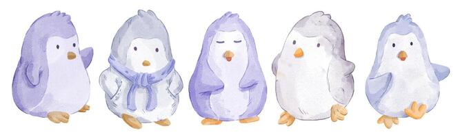 illustration vectorielle ensemble d'aquarelles d'adorables pingouins pour votre conception. vecteur