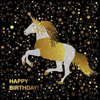 licorne d'or sur fond noir. carte de joyeux anniversaire. vecteur