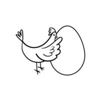 une poule étreint un gros œuf avec amour. silhouette dessinée à la main d'un poulet avec un gros œuf. illustration vectorielle stock noir sur fond blanc. contour noir isolé. vecteur