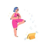 une jolie fille de dessin animé en tenue de sport rose se tient dans une pose de yoga devant une tablette. une femme aux cheveux bleus a joint ses mains dans une pose et apprécie une musique agréable. yoga en ligne, concept de méditation. vecteur