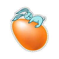 lapin bleu de pâques avec un oeuf orange sur fond blanc. isoler clip art autocollant lapin embrasse un œuf. vecteur