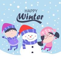 illustration d'hiver avec un garçon, une fille et un bonhomme de neige mignons vecteur