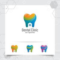 conception de vecteur de dentiste logo dentaire avec concept de maison et icône de dent. soins dentaires pour l'hôpital, le médecin, la clinique et la santé.