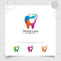 conception de vecteur de dentiste de logo dentaire avec le concept de symbole d'amour de coeur et d'icône de dent. soins dentaires pour l'hôpital, le médecin, la clinique et la santé.