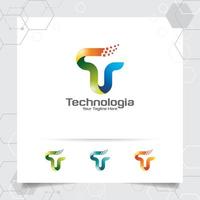 vecteur de conception de lettre t de logo numérique avec un pixel coloré moderne pour la technologie, les logiciels, les studios, les applications et les entreprises.