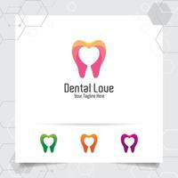 conception de vecteur de dentiste de logo dentaire avec le concept de symbole d'amour de coeur et d'icône de dent. soins dentaires pour l'hôpital, le médecin, la clinique et la santé.