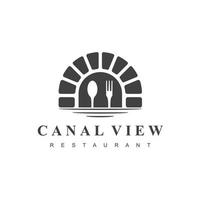 restaurant avec vue sur le canal avec symbole cuillère et fourchette vecteur