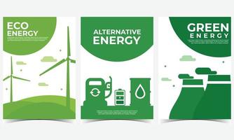 énergie alternative éco nature verte. ensemble de 3 style plat d'illustration vectorielle de fond simple. convient pour une affiche, une couverture, une brochure, une bannière ou un dépliant vecteur