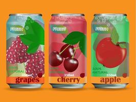 boîtes en aluminium de jus de pomme, raisin, cerise. conception de vecteur publicitaire de boisson aux fruits