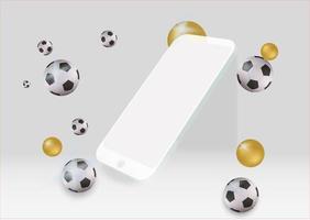 Disposition vectorielle de smartphone 3D en blanc, avec des ballons de football et des sphères dorées, dans une scène abstraite. vecteur