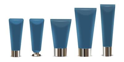 vecteur 3d réaliste en plastique, emballage de tube bleu avec couvercle brillant en métal sur fond blanc. modèle de conception de dentifrice, cosmétiques, maquette de crème. premier plan