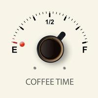 l'heure du café. vecteur Tasse noire réaliste 3d avec café noir et jauge de carburant sur fond blanc. bannière conceptuelle avec tasse à café et phrase sur le café. modèle de conception. vue de dessus