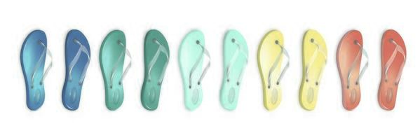 tongs - pantoufles d'été colorées, symboliques pour les voyages en groupe, en équipe, entre amis ou en famille - illustration vectorielle isolée sur blanc. vecteur