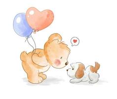 ours mignon tenant des ballons et petite illustration de chien vecteur