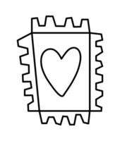 vecteur de timbre-poste noir et blanc avec coeur. symbole de la saint valentin. élément de poste drôle avec concept d'amour isolé sur fond blanc. icône de ligne de vacances de février ludique