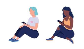 filles avec des smartphones jeu de caractères vectoriels couleur semi-plat vecteur