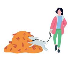 Femme marche avec animal de compagnie à l'automne caractère vectoriel de couleur semi-plat