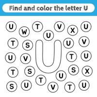 feuilles de travail d'apprentissage pour les enfants, trouver et colorier des lettres. jeu éducatif pour reconnaître la forme de l'alphabet. lettre u. vecteur