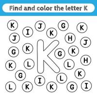 feuilles de travail d'apprentissage pour les enfants, trouver et colorier des lettres. jeu éducatif pour reconnaître la forme de l'alphabet. lettre k. vecteur