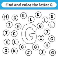 feuilles de travail d'apprentissage pour les enfants, trouver et colorier des lettres. jeu éducatif pour reconnaître la forme de l'alphabet. lettre g. vecteur