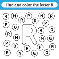 feuilles de travail d'apprentissage pour les enfants, trouver et colorier des lettres. jeu éducatif pour reconnaître la forme de l'alphabet. lettre r. vecteur