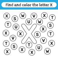 feuilles de travail d'apprentissage pour les enfants, trouver et colorier des lettres. jeu éducatif pour reconnaître la forme de l'alphabet. lettre x. vecteur