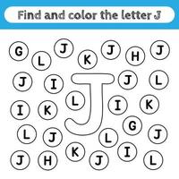 feuilles de travail d'apprentissage pour les enfants, trouver et colorier des lettres. jeu éducatif pour reconnaître la forme de l'alphabet. lettre j. vecteur