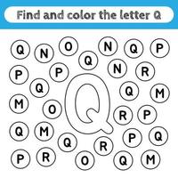 feuilles de travail d'apprentissage pour les enfants, trouver et colorier des lettres. jeu éducatif pour reconnaître la forme de l'alphabet. lettre q. vecteur