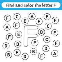 feuilles de travail d'apprentissage pour les enfants, trouver et colorier des lettres. jeu éducatif pour reconnaître la forme de l'alphabet. lettre f. vecteur