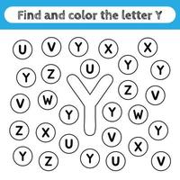 feuilles de travail d'apprentissage pour les enfants, trouver et colorier des lettres. jeu éducatif pour reconnaître la forme de l'alphabet. lettre y. vecteur