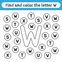 feuilles de travail d'apprentissage pour les enfants, trouver et colorier des lettres. jeu éducatif pour reconnaître la forme de l'alphabet. lettre w. vecteur