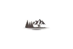 montagne de neige glacée avec pin cèdre conifère cyprès à feuilles persistantes pruche mélèze forêt de sapins et lac rivière ruisseau pour la chasse aventure vecteur de conception de logo