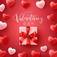 affiche ou bannière de la Saint-Valentin heureuse avec des coeurs doux et une jolie boîte-cadeau sur fond rouge. Modèle de promotion et de shopping ou arrière-plan pour l'amour et le concept de la Saint-Valentin.