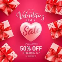 affiche ou bannière de vente de la Saint-Valentin avec une jolie boîte-cadeau sur fond rose. Modèle de promotion et de shopping ou arrière-plan pour l'amour et le concept de la Saint-Valentin. vecteur