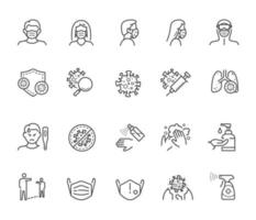 ensemble d'icônes de ligne de protection coronavirus covid 19 isolé sur blanc. éléments de symbole de qualité pour toute la médecine de la santé et la conception des médias pandémiques. vecteur