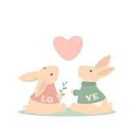 deux lapins mignons sont assis dans une clairière. lapins amoureux. illustration pour la carte de la Saint-Valentin. vecteur