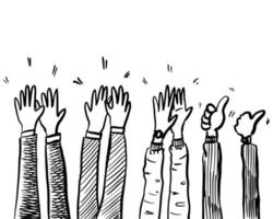 style de croquis dessinés à la main d'applaudissements, geste du pouce en l'air. mains humaines applaudissant l'ovation. sur le style doodle, illustration vectorielle. vecteur