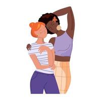 portrait de deux jeunes femmes multiraciales, isolées sur fond blanc. De belles et heureuses filles de différentes nationalités, des femmes afro-américaines et européennes, se soutiennent mutuellement. Illustration vectorielle vecteur